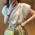 フリル裾メッシュ切替白Tシャツトップス