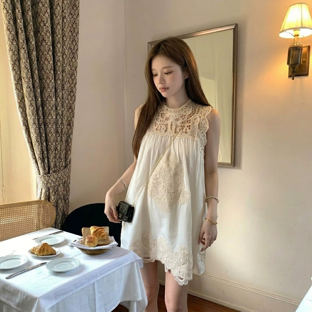 ノースリーブ レースワンピース 韓国風 ゆったり Aライン ミニ丈 大人可愛い デート お出かけカジュアルワンピース