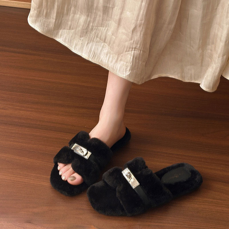 もこもこファースリッパ クロスベルト メタルバックル付きふわふわルームシューズ おしゃれ 防寒
