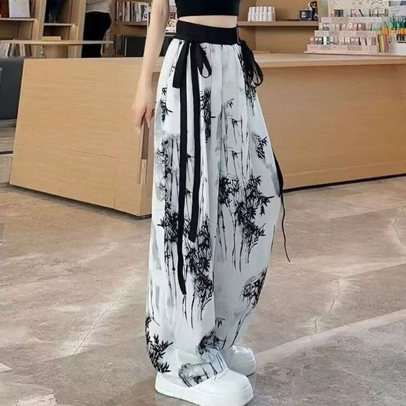 水墨画スタイルハイウエストガウチョパンツボトムス