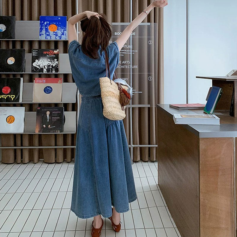 デニムセットアップ レディース 半袖ジャケット ロングワンピーススカート 韓国ファッション ゆったり 大人カジュアル