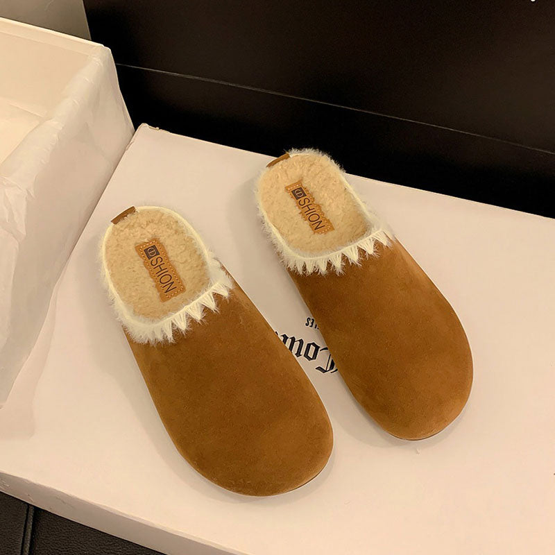 裏ボア あったかミュール防寒スリッパ 室内履き お出かけ OK 丸トゥ カラーシューズ