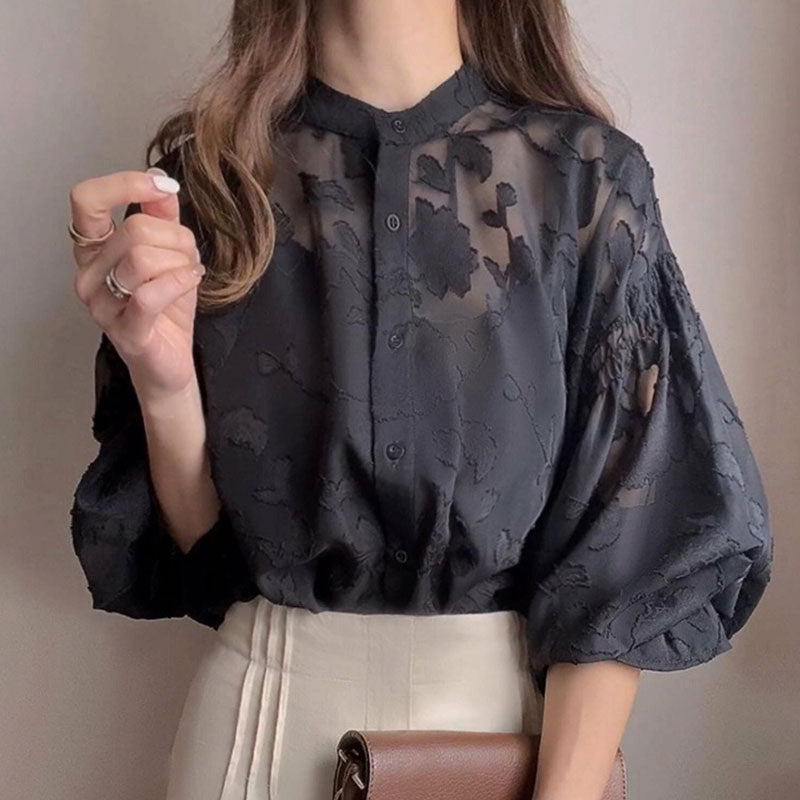 前後リバーシブル花柄シースルートラペットブラウストップス