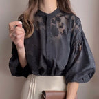前後リバーシブル花柄シースルートラペットブラウストップス