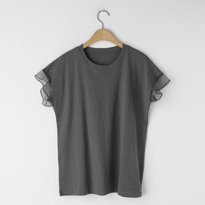 フレンチ袖メッシュ切替袖シンプルコーデTシャツトップス