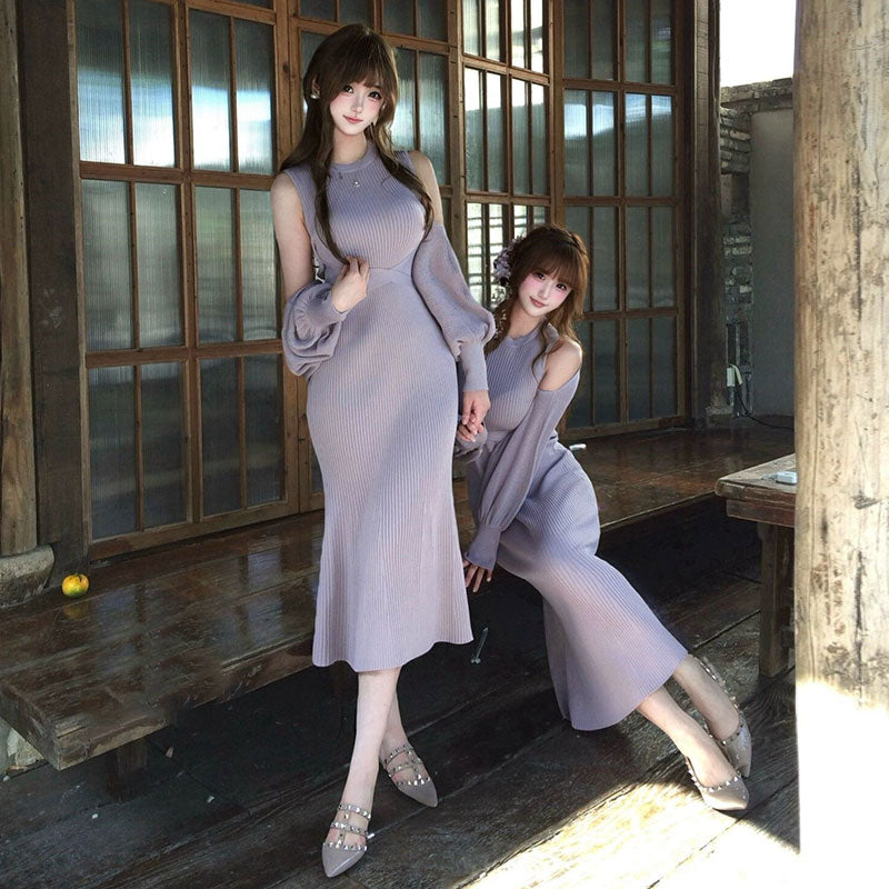 2WAY 着こなし クロスベルト付きリブマーメイドロングワンピース＋ボリュームバルーン袖ボレロセットアップ 上品きれいめ