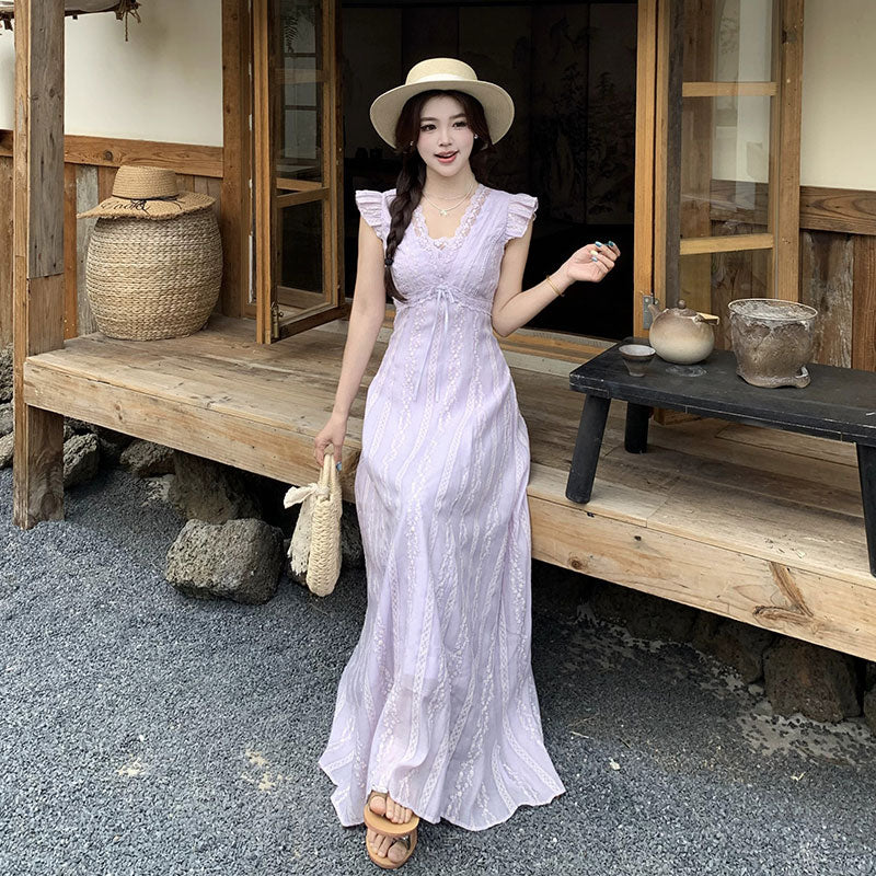 レースワンピース Vネック フリル袖デートワンピース刺繍ドレス 大人可愛い