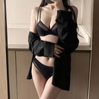 ブラジャー & ショーツセット ブラック  ホワイトメッシュ 透け感 細肩ひも 大人可愛い