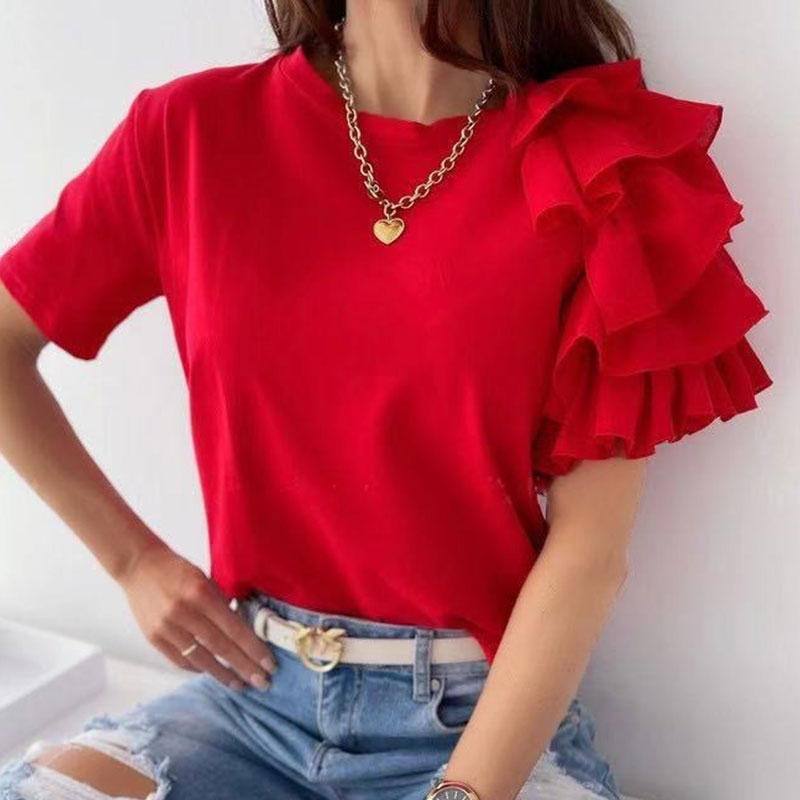 ショルダフレア裾切替無地Tシャツトップス