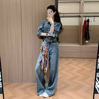 【オシャレ通勤】デニムセットアップ 長袖トップス+ハイウエストワイドパンツ カジュアルコーデ 着回し力抜群ベルトとスカーフ付き