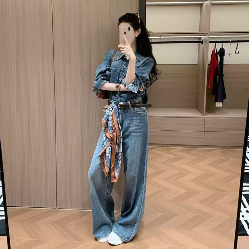 【オシャレ通勤】デニムセットアップ 長袖トップス+ハイウエストワイドパンツ カジュアルコーデ 着回し力抜群ベルトとスカーフ付き