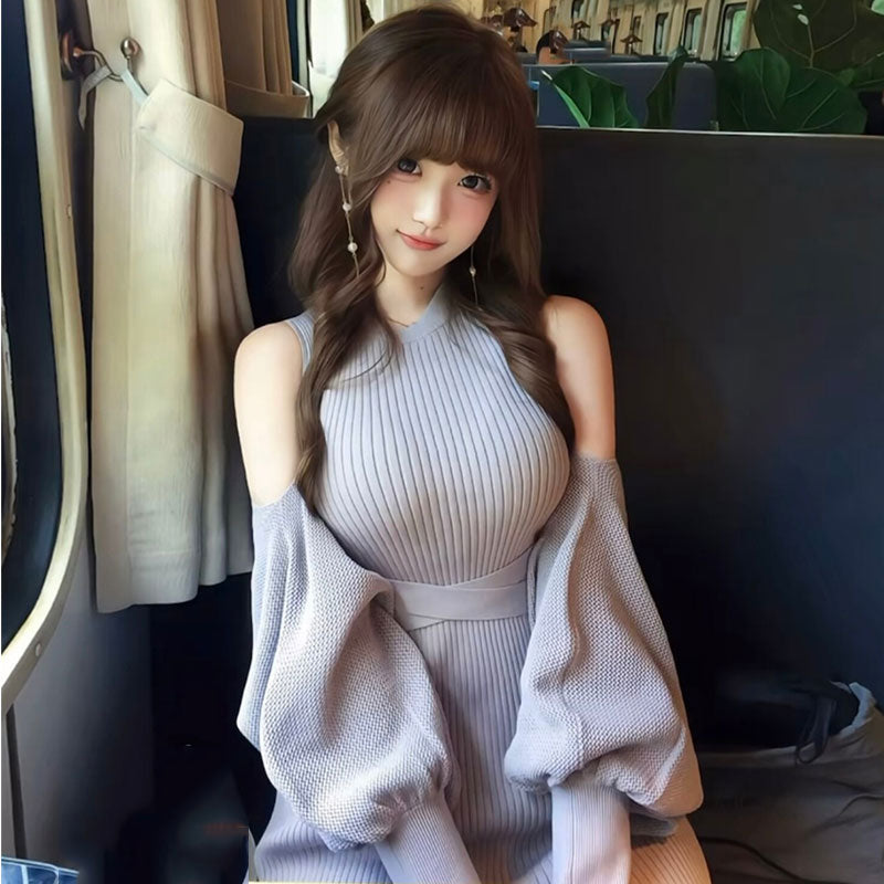 2WAY 着こなし クロスベルト付きリブマーメイドロングワンピース＋ボリュームバルーン袖ボレロセットアップ 上品きれいめ