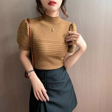 画像をギャラリービューアに読み込む, ボーダー柄パフスリーブ半袖ニットトップス
