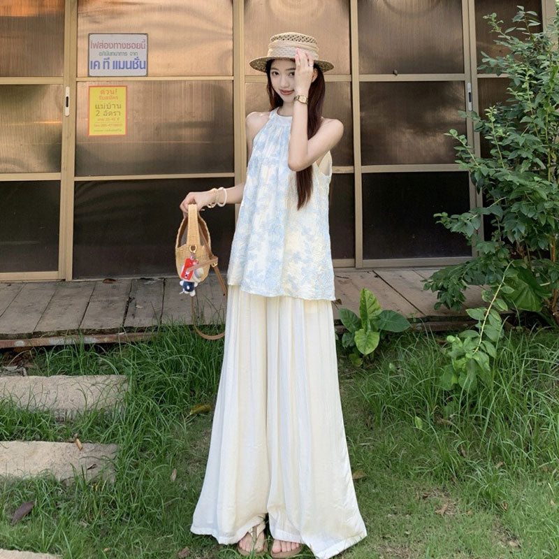 ノースリーブ刺繍花柄ブラウストップス