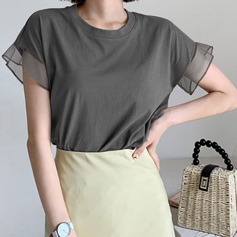 フレンチ袖メッシュ切替袖シンプルコーデTシャツトップス