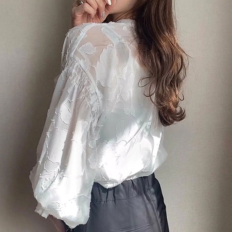 前後リバーシブル花柄シースルートラペットブラウストップス