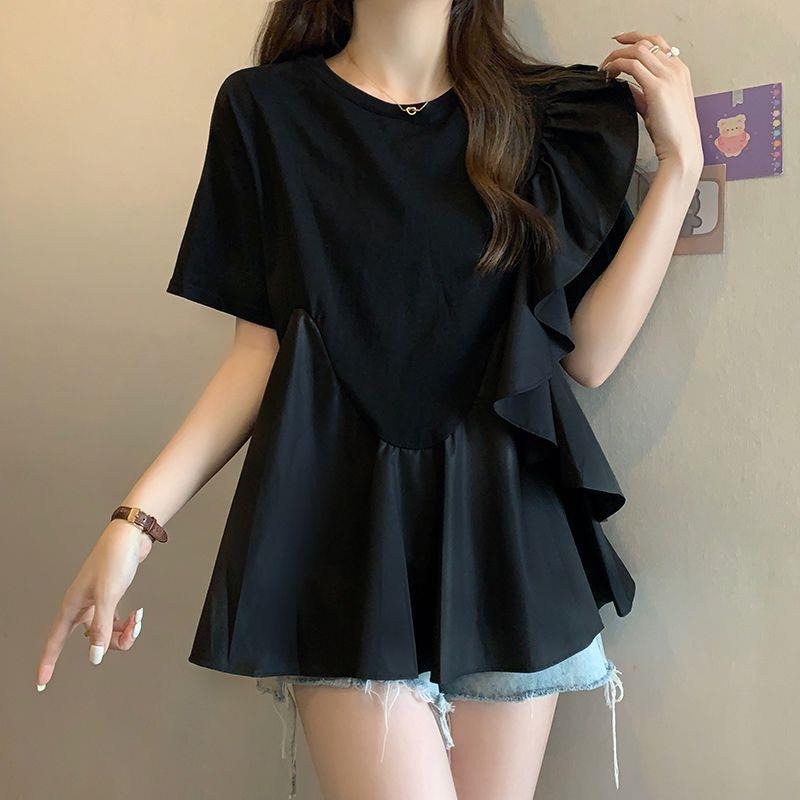 フレア裾切替不規則Tシャツトップス