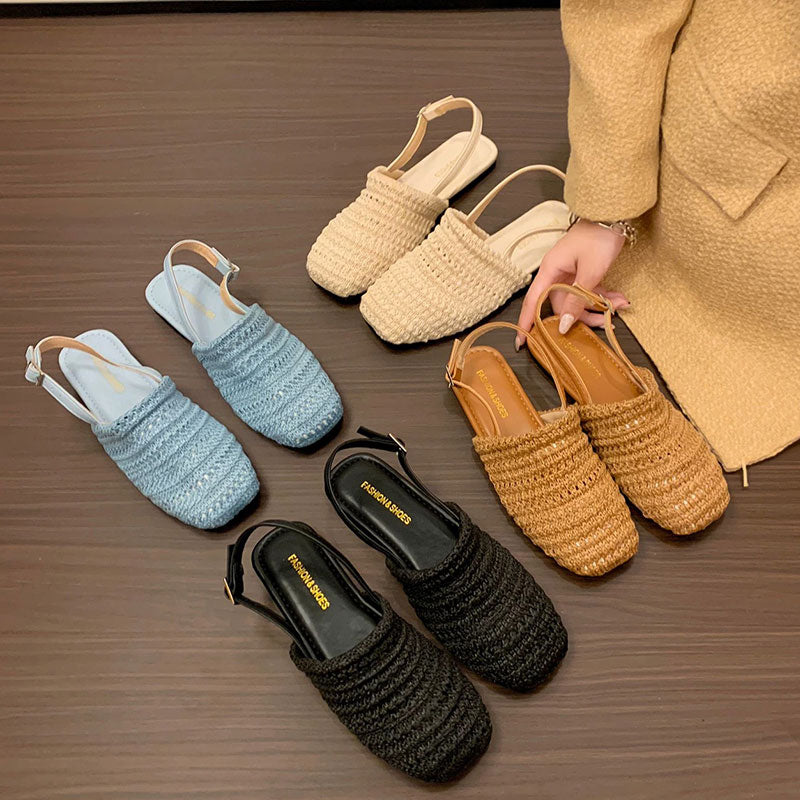 編み スクエアトゥ バックストラップ フラットサンダル 通気性 ナチュラルシューズ