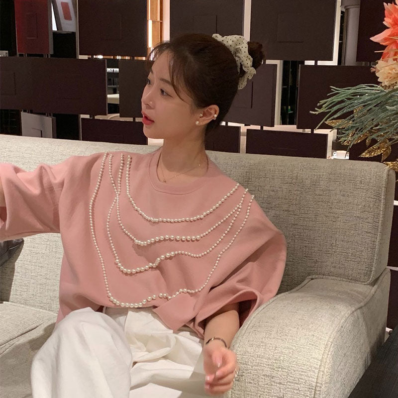 半袖Tシャツビーズ付きシンプルコーデしやすいトップス