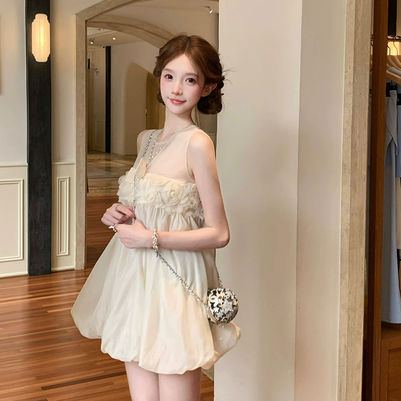 カジュアルワンピース チュールミニ丈 バラレースリボン 韓国風 大人可愛い デートワンピース パーティー