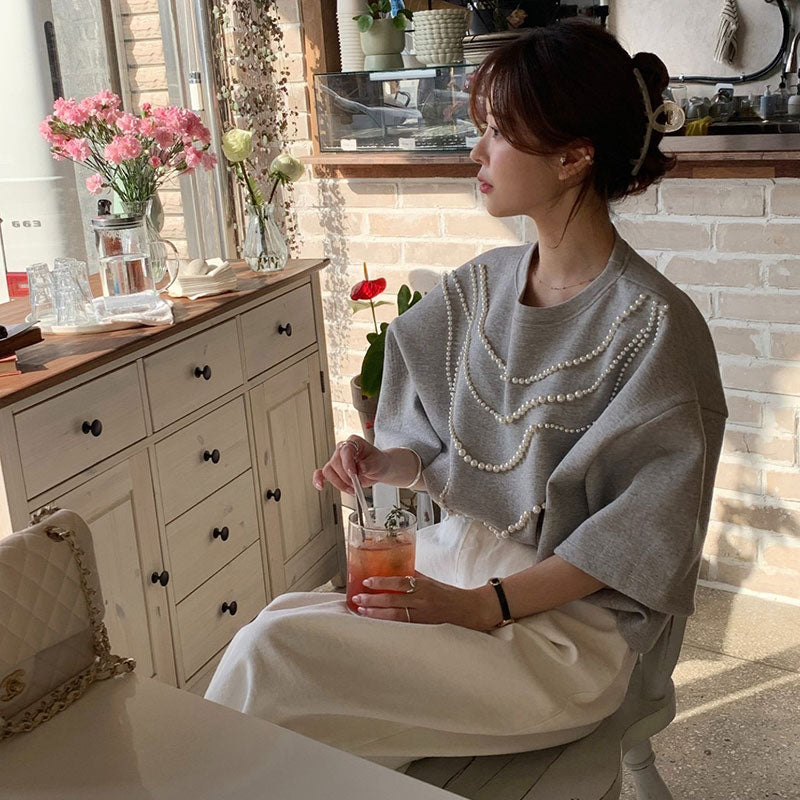 半袖Tシャツビーズ付きシンプルコーデしやすいトップス
