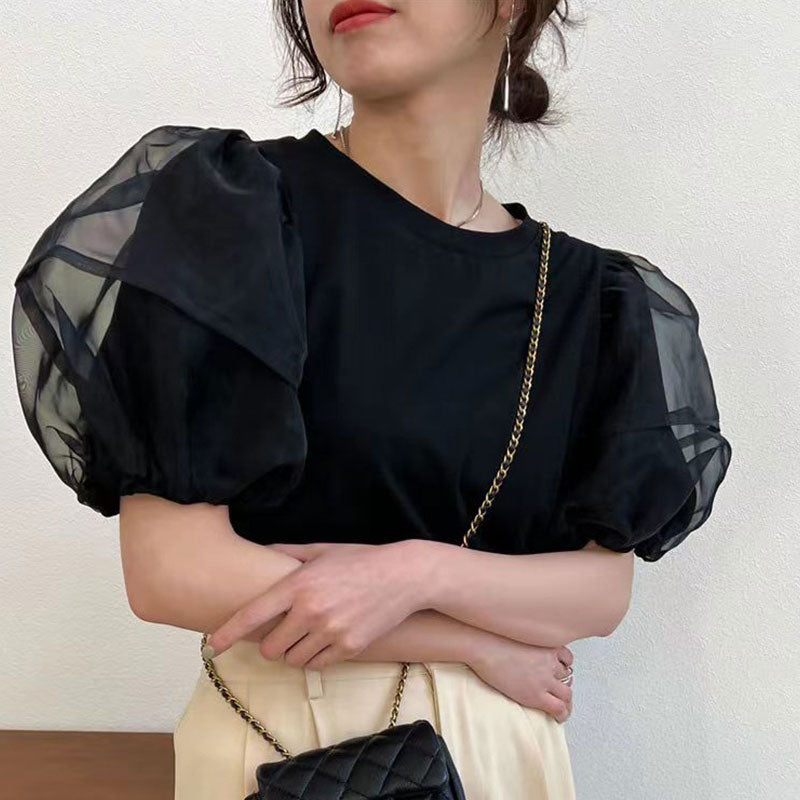 メッシュパフスリーブ半袖Tシャツトップス
