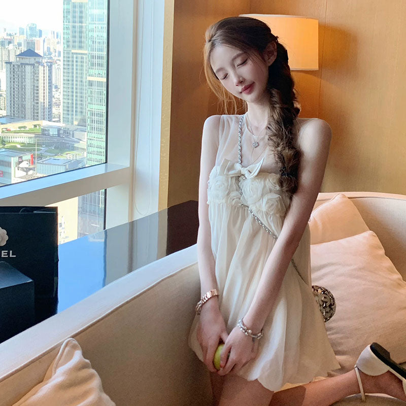 カジュアルワンピース チュールミニ丈 バラレースリボン 韓国風 大人可愛い デートワンピース パーティー