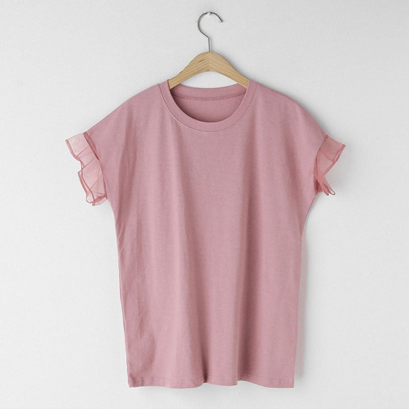 フレンチ袖メッシュ切替袖シンプルコーデTシャツトップス