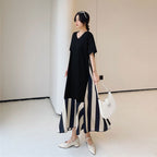 ストライプ柄切替スリットカジュアルワンピース半袖Tシャツワンピース