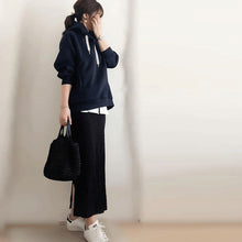 画像をギャラリービューアに読み込む, ネイビーフード付きパーカートップス＆ブラックＨラインスカート配色セットアップ
