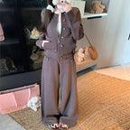 ボタンニットカーディガン＋ワイドパンツ2点セットアップデザイン 秋冬きれいめニットセット