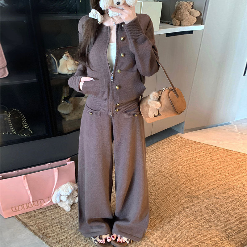 ボタンニットカーディガン＋ワイドパンツ2点セットアップデザイン 秋冬きれいめニットセット