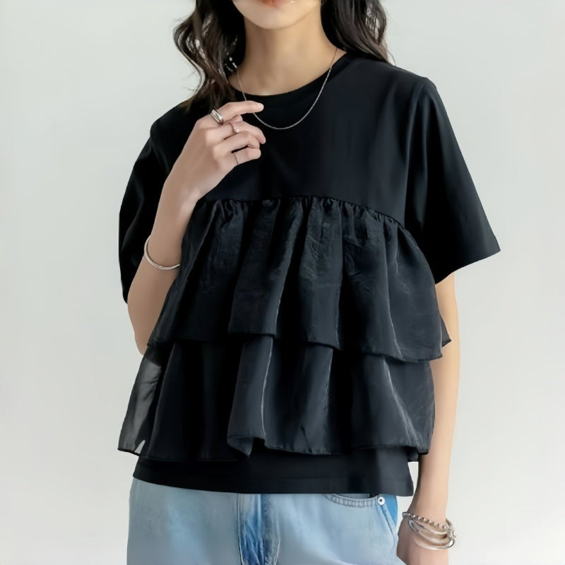 メッシュ切替フレア裾半袖Tシャツトップス