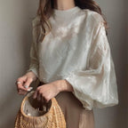 前後リバーシブル花柄シースルートラペットブラウストップス