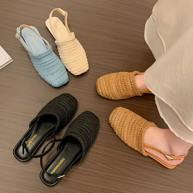 編み スクエアトゥ バックストラップ フラットサンダル 通気性 ナチュラルシューズ