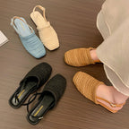 編み スクエアトゥ バックストラップ フラットサンダル 通気性 ナチュラルシューズ