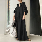 パフスリーブキーネック無地カジュアルワンピース体系カバーワンピース