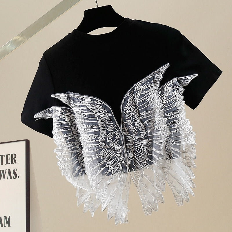 刺繍花柄翼プリント黒Tシャツトップス