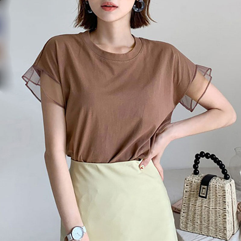 フレンチ袖メッシュ切替袖シンプルコーデTシャツトップス