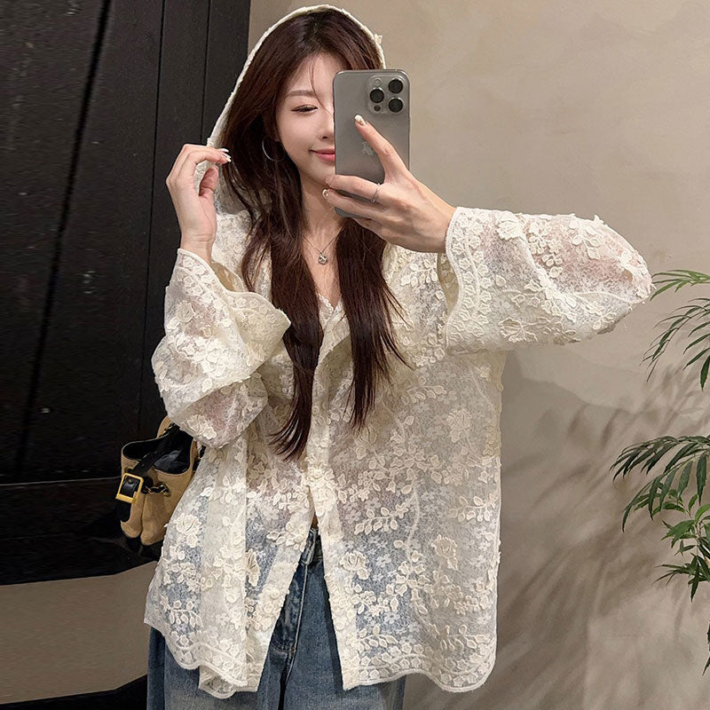 レースフード付きカーディガンアウター