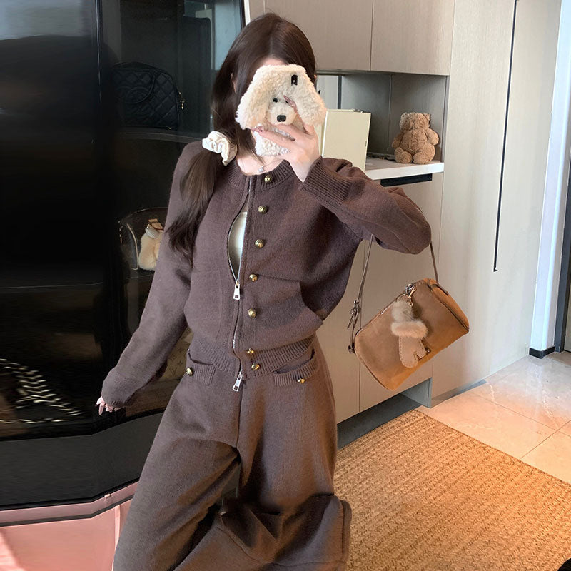 ボタンニットカーディガン＋ワイドパンツ2点セットアップデザイン 秋冬きれいめニットセット