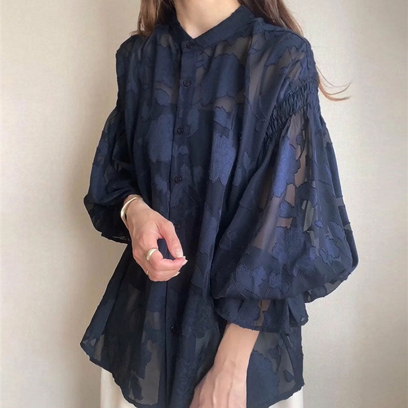 前後リバーシブル花柄シースルートラペットブラウストップス