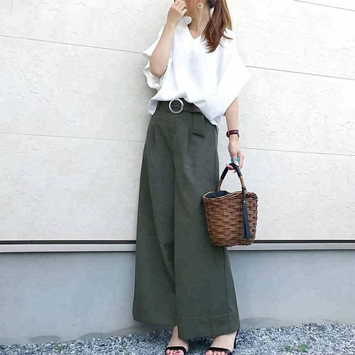 白シャツトップス＆ハイウエストカジュアルパンツセットアップ（ベルト付き）