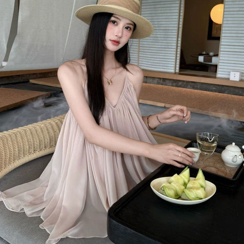 キャミソールワンピースシフォン ふんわり Aライン ミニ丈 リゾート旅行コーデ大人可愛い