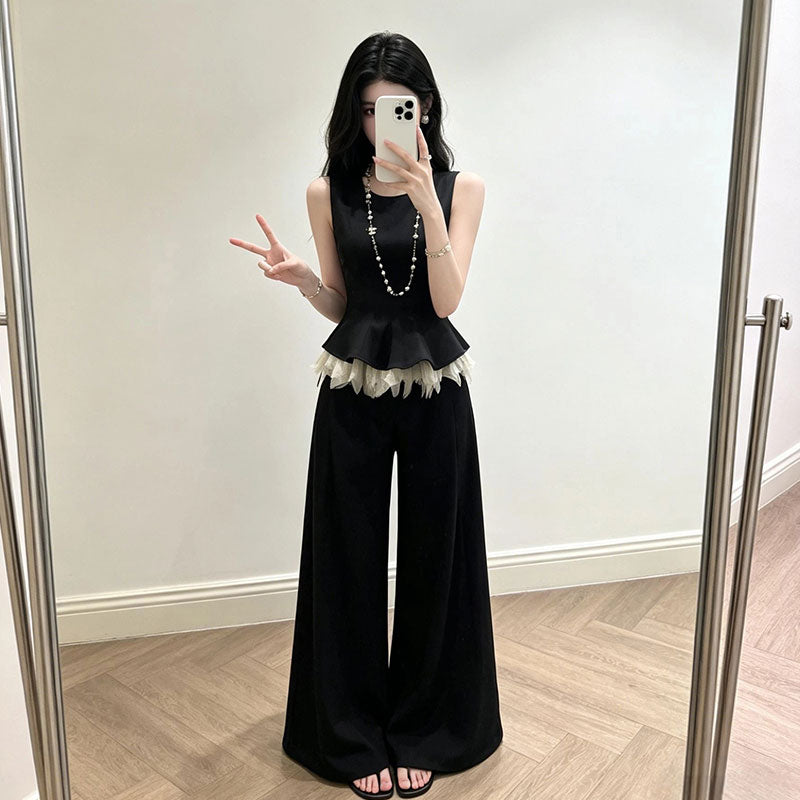 ノースリーブペプラムトップス+ワイドパンツ セットアップ ブラック チュール裾 韓国風 エレガント 大人可愛い オフィス デート