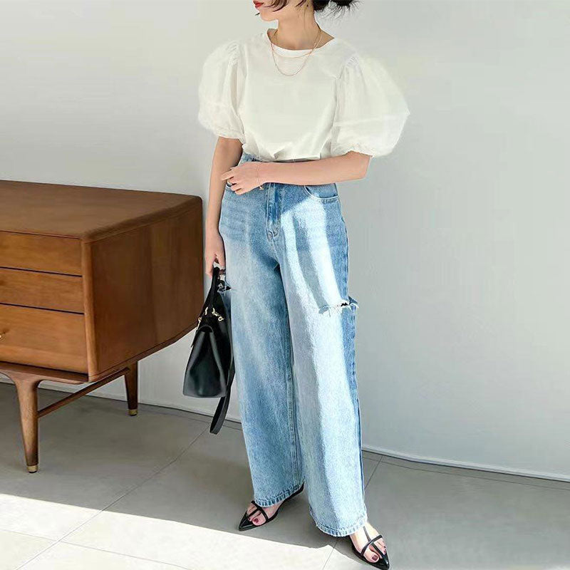 メッシュパフスリーブ半袖Tシャツトップス
