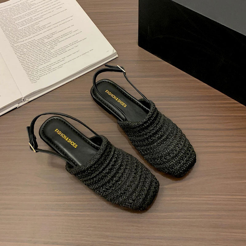 編み スクエアトゥ バックストラップ フラットサンダル 通気性 ナチュラルシューズ
