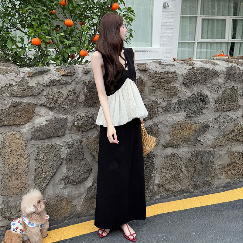シフォン切替Vネックベスト＆Hラインスカートセットアップ