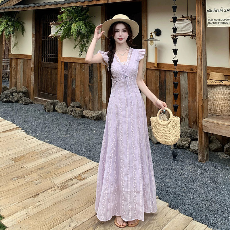 レースワンピース Vネック フリル袖デートワンピース刺繍ドレス 大人可愛い