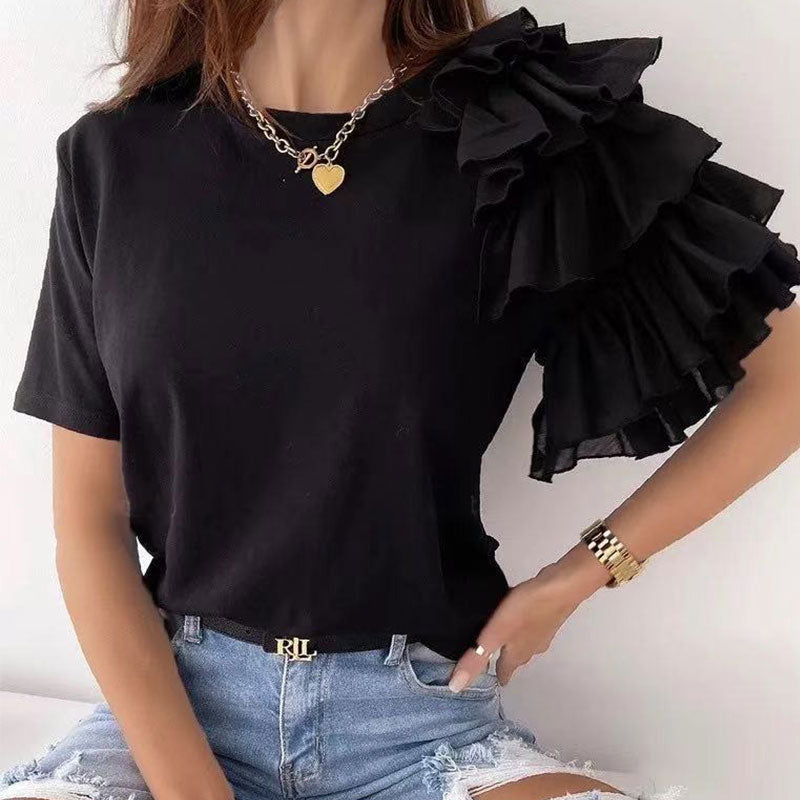 ショルダフレア裾切替無地Tシャツトップス
